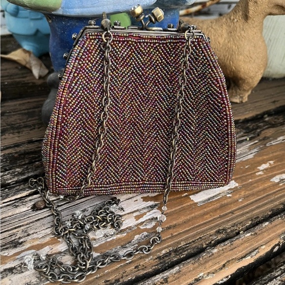 Inge Christopher Purple Rainbow Beaded Jeweled Purse Bag Clutch Vintage 70s 80s